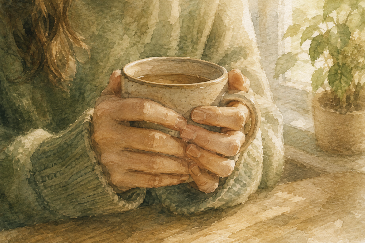 Hands gripping a mug, holding on through discomfort