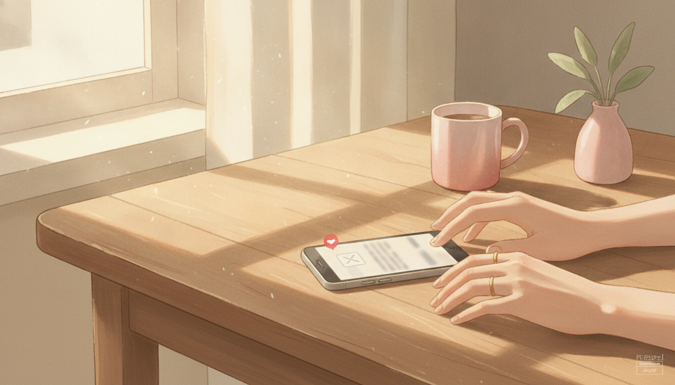 A phone on a kitchen table showing good news, hands hovering nearby as if waiting for the other shoe to drop
