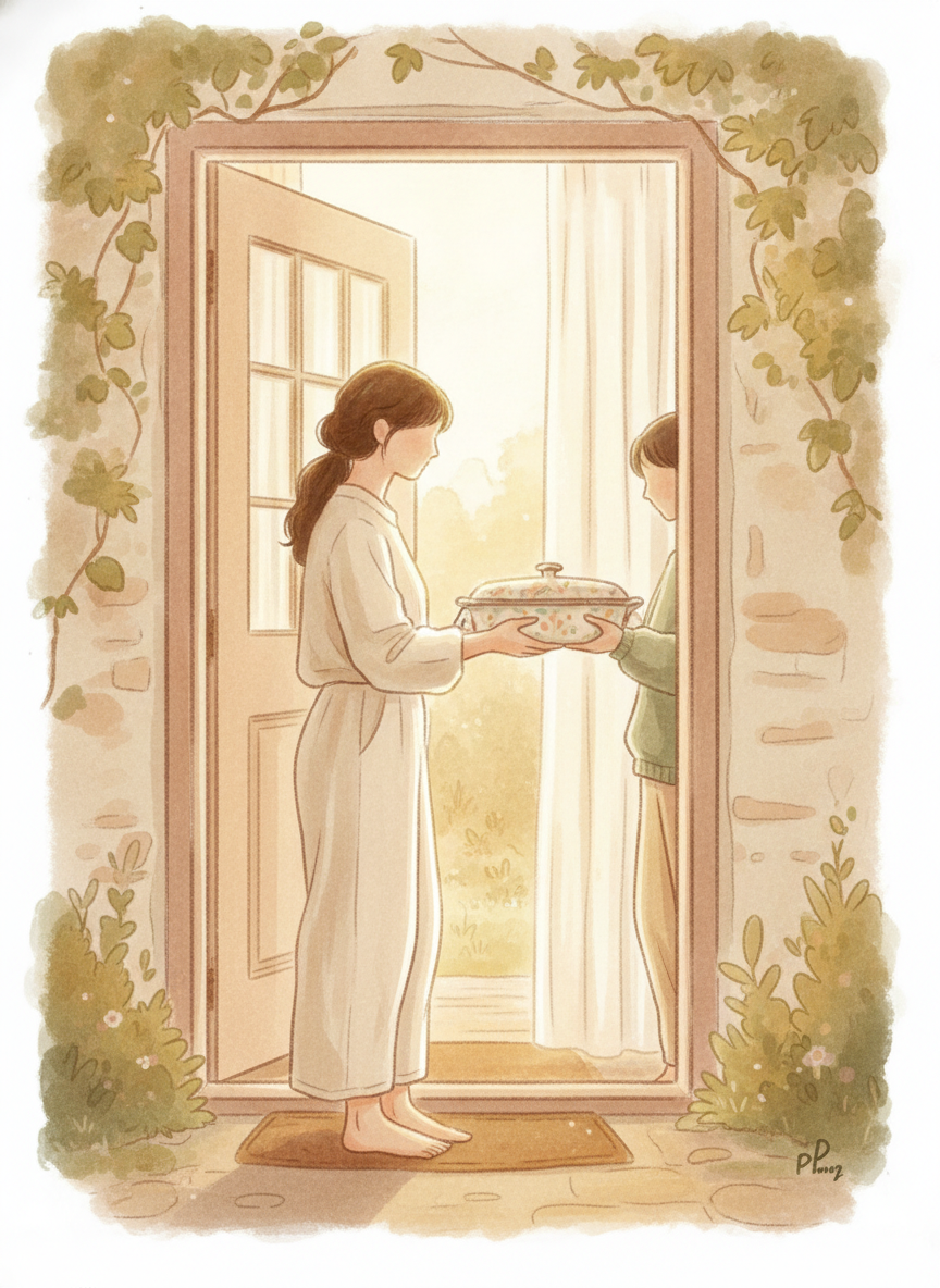 A friend extending a casserole dish across a doorway, the recipient's hand hesitating before accepting