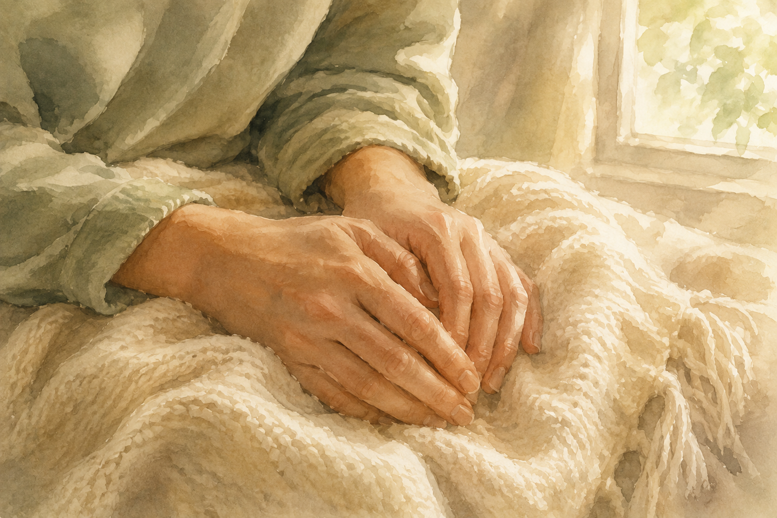 Hands resting but not quite settled on a soft blanket